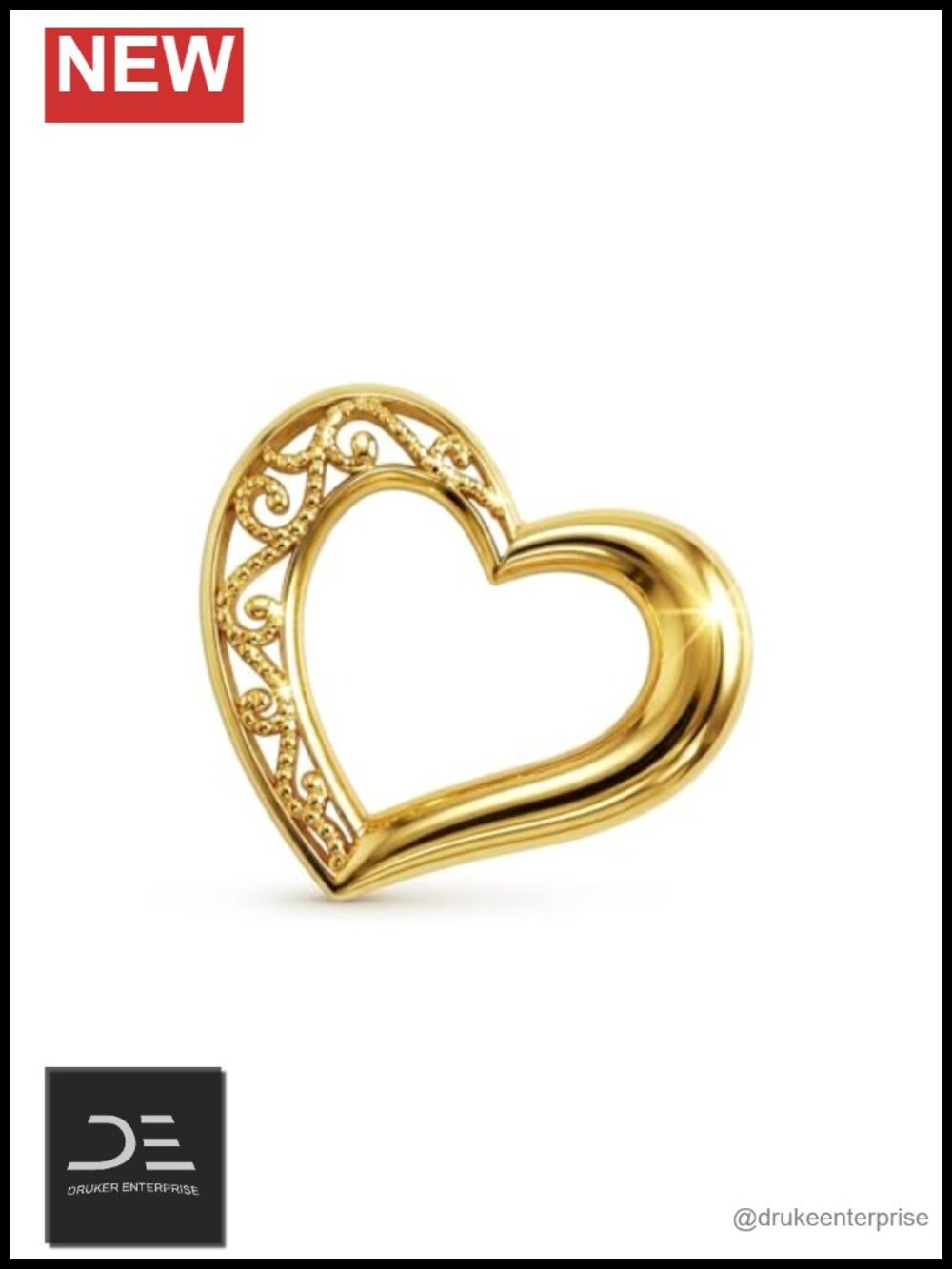 10K Solid Gold Sliding Heart Charm Pendant Necklace Charm Only